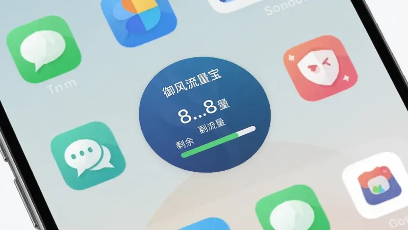 一张展示手机桌面小组件的图片,桌面上放置了“御风流量宝”的圆形流量监控小组件,显示剩余流量和进度条,周围是其他常用应用图标,背景是简约的手机壁纸,小组件设计精致,风格清新,画质干净无多余元素