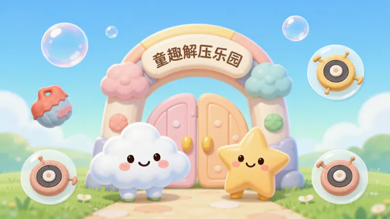 童趣解压乐园手机App主界面,画面中央是一个色彩柔和的卡通乐园大门,门口站着微笑的云朵和星星角色,周围漂浮着气泡、捏捏乐和指尖陀螺图标,背景是渐变的蓝天草地,布局简洁,风格清新治愈,细节圆润可爱,画质干净无多余元素