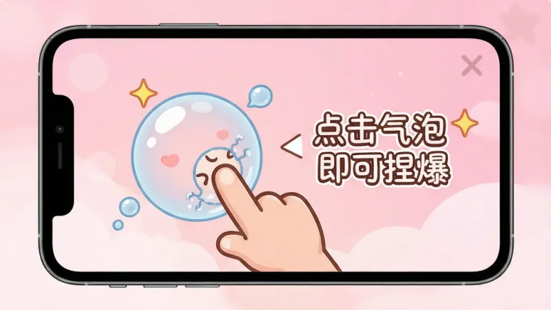 童趣解压乐园新手引导界面,画面展示手机屏幕中有一个卡通手指点击气泡的动画演示,旁边有文字提示“点击气泡即可捏爆”,背景为柔和的粉色渐变,布局简洁,风格可爱卡通,细节清晰,画质干净无多余元素