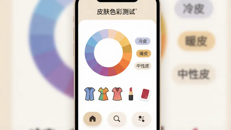 一张简洁的手机应用界面展示图,主视觉为「皮肤色彩测试」App的测试结果页面,画面中央显示一个圆形的肤色分析色盘,色盘从冷色调蓝色紫色渐变到暖色调橙色金色,色盘旁边有「冷皮」「暖皮」「中性皮」三个标签选项,下方是几件不同颜色的衣服图标和口红颜色卡片,界面风格清爽现代,以浅米色和白色为主色调,顶部有「皮肤色彩测试」的App名称文字,底部有三个功能按钮图标,整体布局简洁,采用扁平化设计风格,细节圆润,画质干净无多余元素。
