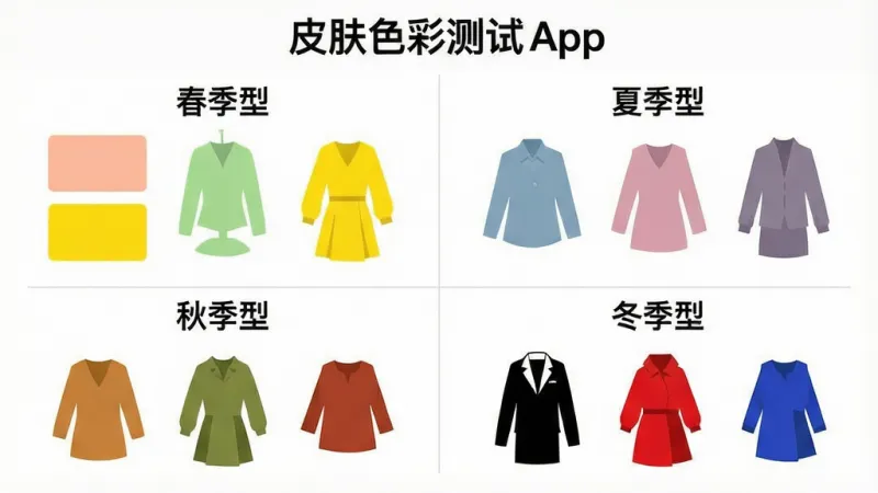 一张AI生成的扁平化信息图,画面分为四个象限,分别标注「春季型」「夏季型」「秋季型」「冬季型」,每个象限配有一组代表色块和简单的服装剪影,春季型为桃粉、嫩绿、明黄,夏季型为雾霾蓝、藕粉、灰紫,秋季型为焦糖、橄榄绿、砖红,冬季型为黑白、正红、宝蓝,顶部有「皮肤色彩测试」App名称,整体风格干净清新,排版整齐,画质清晰无多余元素。