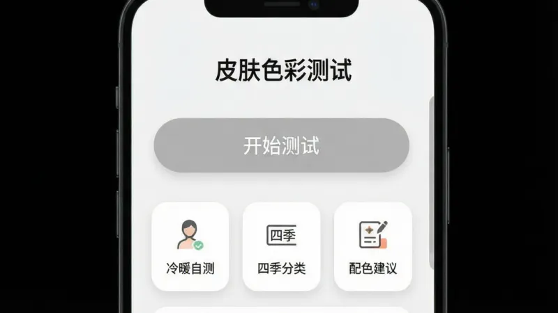 一张AI生成的手机界面截图风格图片,画面展示「皮肤色彩测试」App的主界面,界面以白色和浅灰色为主,顶部有App名称,中间是「开始测试」的大按钮,下方有三个功能入口图标,分别是「冷暖自测」「四季分类」「配色建议」,整个界面没有任何广告横幅或弹窗,布局极简清爽,采用圆角卡片式设计,画质干净清晰,无多余元素。