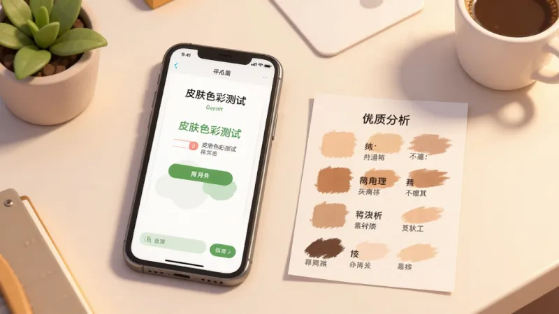一张AI生成的插画风格图片,画面中一部手机放在桌面上,手机屏幕显示「皮肤色彩测试」App的结果保存页面,屏幕旁边有一张打印出来的肤色分析卡片,卡片上印着色块和文字说明,背景是简洁的书桌环境,有一盆小绿植和一杯咖啡,整体风格温馨自然,采用柔和光线,画质干净清晰,无多余元素。