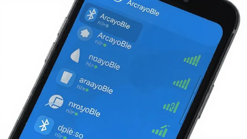 ArcrayoBle 手机界面显示蓝牙设备搜索列表，多个设备名称和信号强度图标排列整齐，蓝色主题配色，扁平化UI设计，画质干净无多余元素