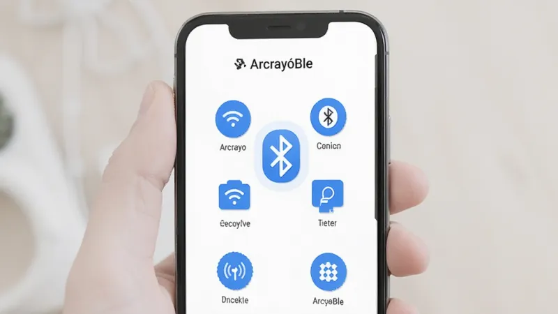 ArcrayoBle 应用界面展示简洁的蓝牙工具主页面，无广告无弹窗，白色背景配蓝色图标，扁平化设计风格，画质干净清晰