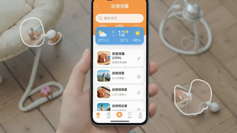 旅橙锦囊 主界面 布局 排版 风格 细节 画质：一张手机应用主界面截图，主体为“旅橙锦囊”APP首页，布局顶部是搜索框和天气小部件，中间是卡片式行程列表，底部为导航栏，排版干净整洁，风格清新扁平化，细节圆润图标，画质高清，干净，无多余元素