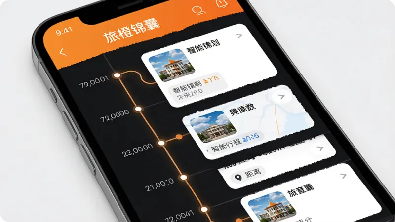 旅橙锦囊 智能行程规划 界面 布局 排版 风格 细节 画质：一张手机界面展示智能行程规划功能，主体为“旅橙锦囊”APP的行程时间轴，布局左侧是时间点，右侧是地点卡片，中间用线条连接，排版清晰，风格简约现代，细节有地点缩略图和距离提示，画质高清，干净，无多余元素