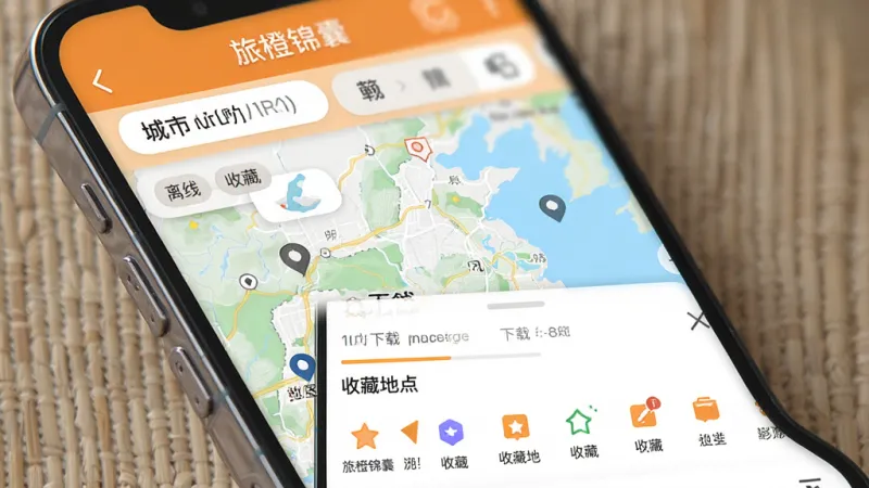 旅橙锦囊 离线地图与收藏 界面 布局 排版 风格 细节 画质：一张手机界面展示离线地图与收藏功能，主体为“旅橙锦囊”APP的地图页面，布局上方是城市切换标签，下方是已下载的离线地图列表和收藏地点图标，排版整齐，风格实用导向，细节有下载进度条和分类标签，画质高清，干净，无多余元素