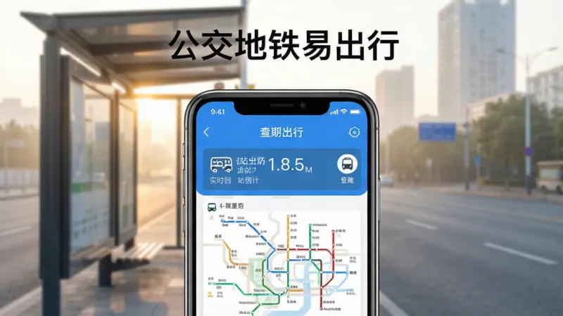 公交地铁易出行App主界面展示，手机屏幕居中，背景是城市清晨的公交站台，画面中包含“公交地铁易出行”文字标识，主体为App查询界面截图，布局简洁清晰，排版以蓝白配色为主，风格现代扁平化，细节上显示实时公交到站倒计时和地铁线路图，画质干净明亮，无多余元素