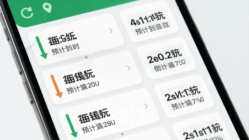 公交地铁易出行实时公交查询界面特写，手机屏幕中显示多条公交线路列表，每条线路标注预计到达时间，画面主体为手机UI，布局采用卡片式设计，排版左侧为线路名称右侧为倒计时，风格极简科技感，细节包含绿色刷新图标和定位符号，画质清晰无噪点，干净背景