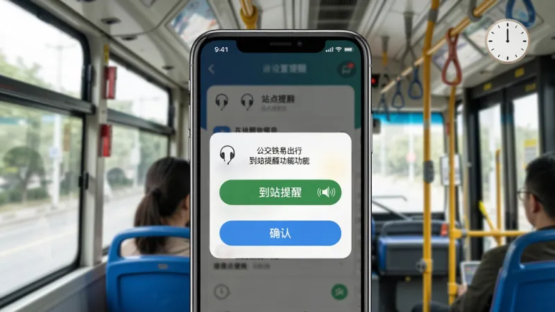 公交地铁易出行到站提醒功能示意图，手机屏幕显示设置提醒的弹窗，背景为公交车内视角，主体突出“到站提醒”按钮和震动图标，布局中心为手机界面，排版上方为站点名称下方为确认按钮，风格写实生活化，细节包含耳机图标和时钟元素，画质细腻，画面干净整洁