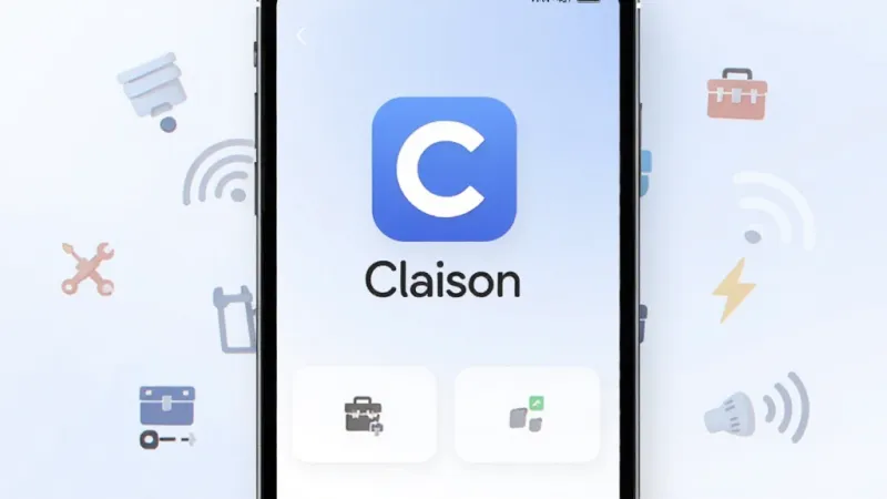 一个清爽的手机应用界面展示图,画面中央是Claison的图标和名称“Claison”,图标下方是简洁的功能入口按钮,背景是柔和的蓝白渐变色调,周围环绕着WiFi信号、工具箱、闪电等小图标元素,整体风格现代扁平,画质干净明亮,无多余装饰