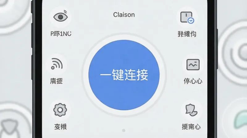 一张手机屏幕截图风格的插画,画面中展示Claison的主操作界面,一个大大的圆形按钮位于屏幕中央,按钮上写着“一键连接”,周围有简洁的图标和文字标签,背景是浅灰色,风格清爽极简,画质干净,无杂乱元素