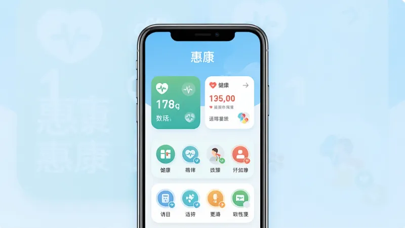 一张展示健康生活类手机应用主界面的图片,画面中央是一个简洁的智能手机模型,屏幕显示“惠康”应用的主页,页面顶部有“惠康”字样,中间是健康数据卡片和功能图标,背景是干净的浅蓝色渐变,风格现代扁平,细节圆润,画质清晰干净,无多余元素