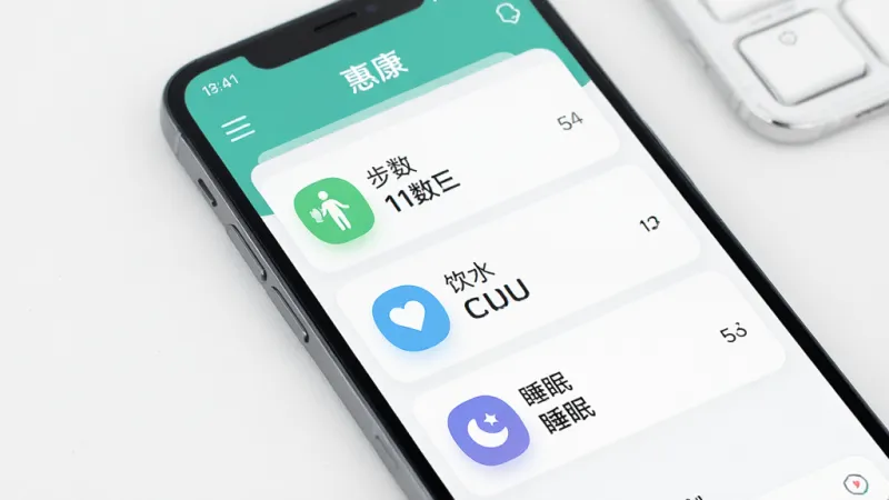 一张展示手机健康数据记录界面的图片,画面主体是一个手机屏幕,屏幕上显示“惠康”应用的数据录入页面,有步数、饮水、睡眠的图标和数字,布局清晰,风格简洁现代,背景干净,画质清晰,无多余元素