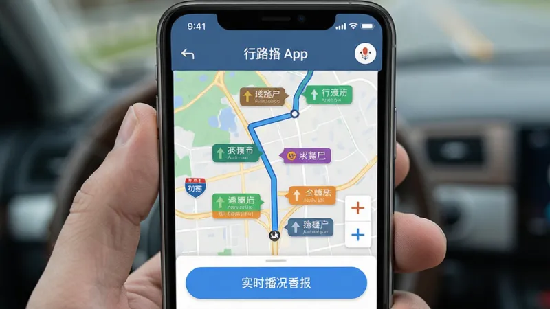 行路安App实时路况播报界面,主体为手机屏幕显示地图路线与多个彩色路况标签,布局为顶部状态栏与底部播报按钮,风格现代扁平,细节清晰,画质干净,无多余元素