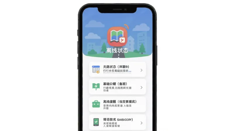 行路安App离线模式示意图,主体为手机屏幕显示离线状态图标与基础提醒列表,布局为居中卡片式,风格扁平化,细节简洁,画质干净,无多余元素