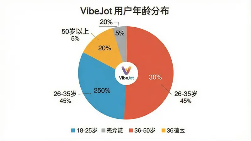 一张展示VibeJot用户年龄分布的饼状图，图表背景为干净的白色，饼图分为四块不同颜色，分别标注“18-25岁 30%”“26-35岁 45%”“36-50岁 20%”“50岁以上 5%”，饼图中央有一个小小的VibeJot图标，图表下方有简单的图例说明，整体风格简洁商务，画质清晰，干净无多余元素