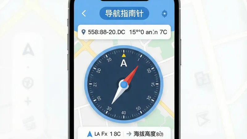 一张手机屏幕展示导航指南针应用的主界面,画面中央是一个清晰醒目的指南针表盘,指针指向北方,表盘周围有刻度数字,背景是简洁的浅色地图底纹,顶部显示当前位置的经纬度坐标,底部有方向角度和海拔高度的小字信息,整体风格现代扁平化,配色以蓝白为主,画质干净清晰,无多余元素和广告横幅,软件名称“导航指南针”以圆角标签形式显示在界面顶部