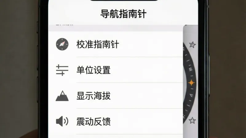 一张手机界面截图风格的图片,展示导航指南针应用的设置菜单展开状态,菜单项包括“校准指南针”“单位设置”“显示海拔”“震动反馈”等选项,每个选项旁边有简洁的图标,背景为纯白色,文字为深灰色,整体排版整齐,风格极简,软件名称“导航指南针”显示在菜单顶部,画质清晰锐利,无广告和多余装饰