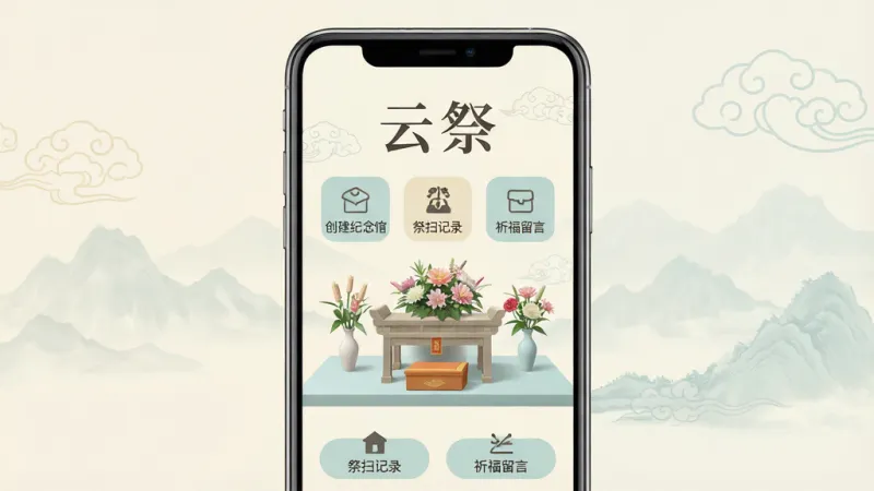手机屏幕中显示“云祭”应用主界面,整体以素雅的米白色和淡青色为主色调,页面中央是虚拟祭台与鲜花摆放区域,顶部有“云祭”两个大字,下方排列着创建纪念馆、祭扫记录、祈福留言等图标按钮,背景有淡淡的远山和云纹装饰,风格庄重简洁,画质干净清晰,无多余元素