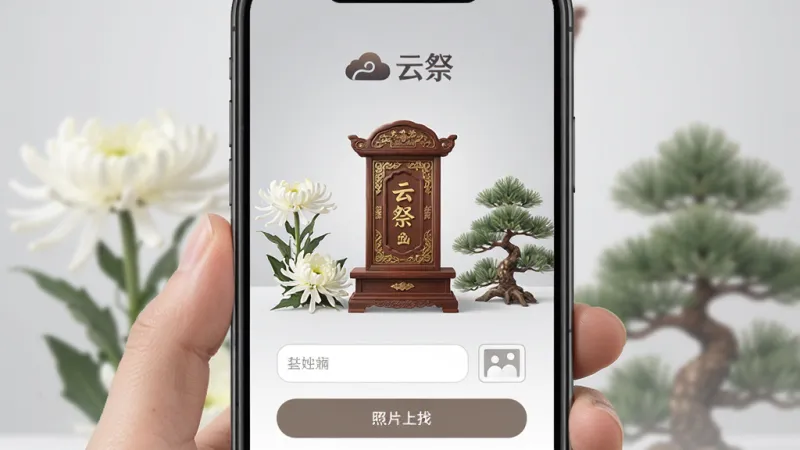 手机屏幕展示“云祭”创建纪念馆页面,画面中央是一个精致的虚拟牌位,两侧有白菊和青松装饰,上方有“云祭”标识,下方有姓名输入框和照片上传按钮,整体色调柔和肃穆,背景是淡灰色渐变,风格温馨安静,画质细腻无杂乱元素