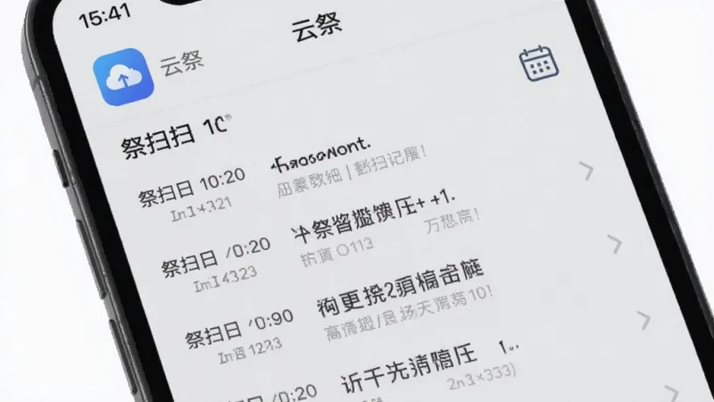 手机屏幕显示“云祭”祭扫记录页面,列表展示多条祭扫时间与留言摘要,顶部有“云祭”小图标,背景为浅灰色,文字清晰,右侧有日历提醒图标,整体布局简洁,风格现代扁平,画质干净无多余元素