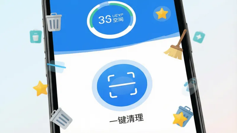 一张手机屏幕特写，屏幕中央显示“特快清理极速”App的主界面，界面以蓝白配色为主，中间有一个大的圆形扫描按钮，按钮下方显示“一键清理”文字，顶部有手机存储空间使用进度的环形图，界面四周漂浮着垃圾桶、扫帚、星星等清理相关的扁平化图标，背景是干净的浅色渐变，整体风格清爽现代，画质干净，无多余元素