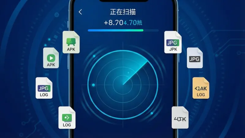 一张手机界面截图风格插画，画面中“特快清理极速”App正在进行扫描，屏幕中央有一个快速旋转的雷达动画，雷达周围不断浮现出各种文件图标（如APK、JPG、LOG等），界面顶部显示“正在扫描”和动态增长的文件数量，背景为深蓝色科技感渐变，整体风格简洁明快，画质清晰，无多余元素