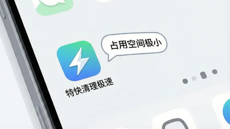 一张手机桌面特写插画，画面中“特快清理极速”的图标位于桌面一角，图标小巧精致，旁边有一个气泡显示“占用空间极小”，手机屏幕背景是简洁的壁纸，整体风格干净利落，画质清晰，无多余元素