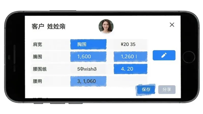 知服定制量体数据管理界面,手机屏幕显示客户量体档案详情页,上方有客户姓名和头像区域,中间是肩宽胸围腰围等数据表格,右侧有编辑按钮,底部有保存和分享功能,蓝色高亮突出关键数据,界面干净整洁,扁平化设计风格,画质清晰
