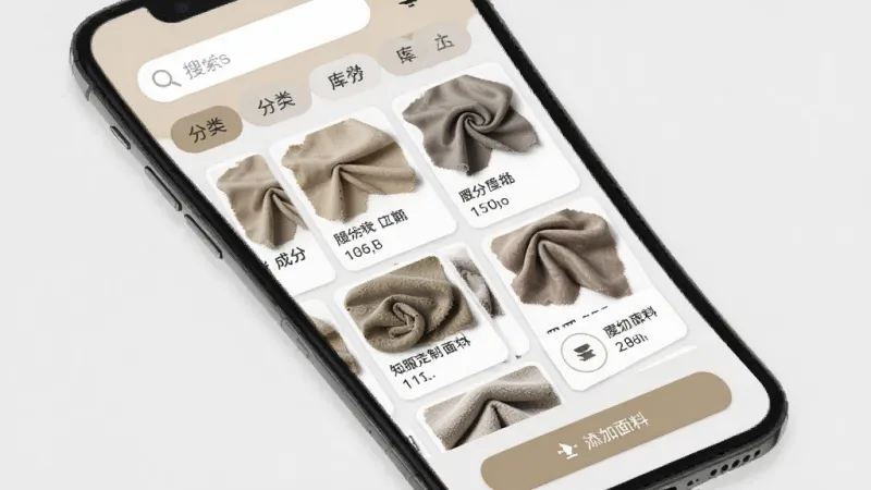 知服定制面料库管理界面,手机屏幕展示面料选择页面,上方有搜索框和分类标签,中间是面料缩略图网格排列,每张图下方标注成分和库存数量,底部有添加面料按钮,米色和浅灰色为主色调,卡片式布局,风格简约实用,画质干净