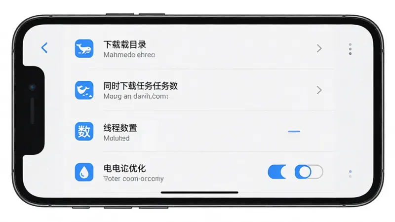 一张展示磁力鲸极速下载设置界面的图片,主体是手机屏幕显示软件的设置菜单,菜单选项包括下载目录、同时下载任务数、线程数设置、电池优化开关等,界面以白色背景和蓝色图标为主,字体清晰,布局规整,风格简洁实用,画质干净无多余元素,UI设置界面截图