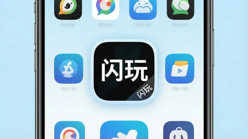 一张展示智能手机屏幕的图片,屏幕正中间显示应用商店界面,应用图标排列整齐,其中最大的图标高亮显示并带有“闪玩”字样,图标风格简洁现代,背景是干净的浅蓝色渐变,整体画面明亮清晰,画质干净无多余元素。