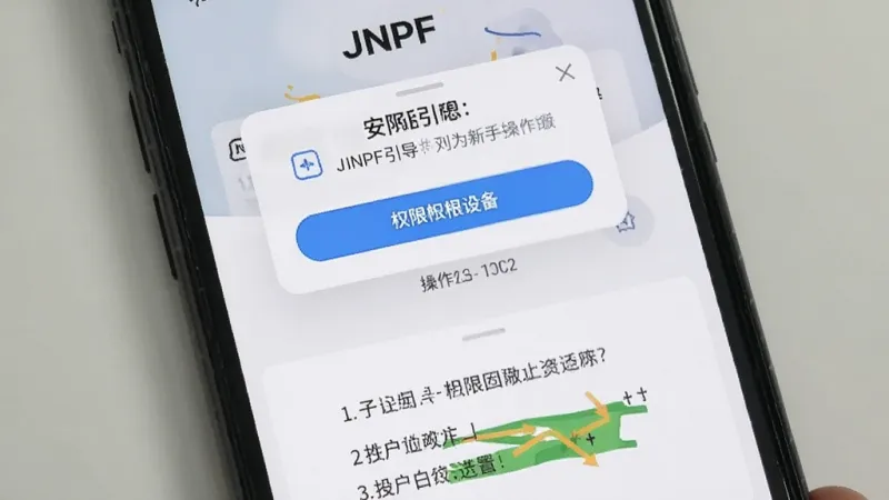 一张展示JNPF新手操作界面的图片，主体为手机屏幕显示JNPF安装引导与权限设置页面，布局上方是权限请求弹窗，下方是操作步骤提示，排版清晰分步展示，风格简洁友好，细节上按钮醒目、文字易读，画质干净无多余元素，图片中带有JNPF字样