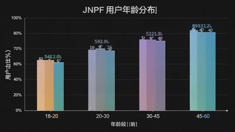 一张展示JNPF用户年龄分布柱状图的图片，主体为柱状图图表，布局横轴为年龄段18-20、20-30、30-45、45-60，纵轴为用户占比百分比，排版清晰，风格商务简约，细节上柱体颜色区分明显、数据标签清晰，画质干净无多余元素，图片中带有JNPF字样
