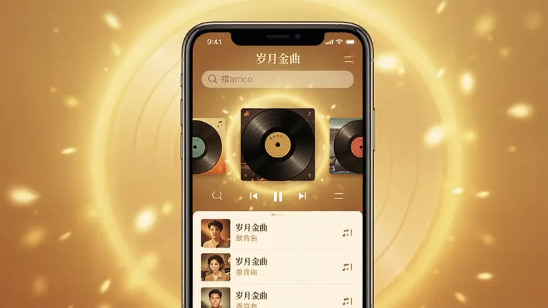 画面中央是一部智能手机,屏幕上显示着一款名为“岁月金曲”的音乐播放器主界面,界面采用暖色调设计,顶部有搜索栏,中间是唱片封面轮播图,下方是歌曲列表,背景是柔和的金色光晕,主体清晰,布局简洁,排版舒适,风格复古温馨,细节精致,画质高清,干净无多余元素