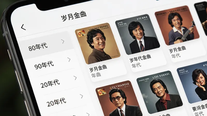 一张“岁月金曲”APP内部界面的特写,展示分类筛选页面,左侧是年份列表如“80年代”“90年代”,右侧是歌曲卡片,画面主体是手机屏幕,布局清晰,排版整齐,风格现代简约,细节显示专辑封面和歌曲名,画质高清,干净无多余元素