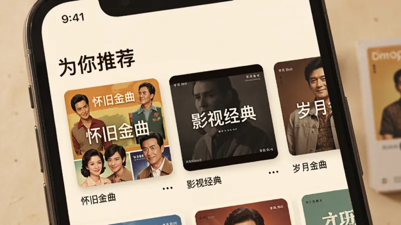 手机屏幕显示“岁月金曲”的个性化推荐歌单页面,画面主体是手机,布局为顶部标题“为你推荐”,下方是多个横向滑动的歌单卡片,卡片上有“怀旧金曲”“影视经典”等文字,风格温馨复古,细节有专辑拼贴图,画质高清,干净无多余元素