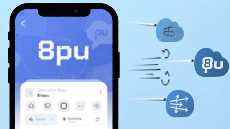 一张以“8pu”软件功能展示为主题的插画，画面左侧是一个简洁的手机轮廓，屏幕内显示“8pu”的界面，右侧用图标和线条示意软件运行的轻快感，背景为浅蓝色渐变，风格清爽科技感，画质干净，无多余元素