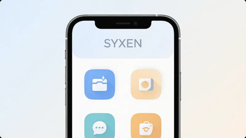 一张展示SYXEN手机应用主界面的图片，画面中央是手机屏幕，屏幕上显示SYXEN的简洁界面，顶部有软件名称SYXEN，中间是几个清晰的功能图标，整体布局干净清爽，背景为浅色渐变，风格现代扁平化，细节圆润，画质清晰，无多余元素