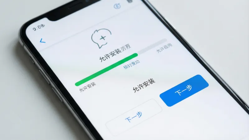 一张展示手机安装应用过程的图片，画面中手机屏幕显示安装进度条，旁边有“允许安装”“下一步”等按钮，背景为浅灰色，风格写实，细节清晰，画质干净，无多余元素