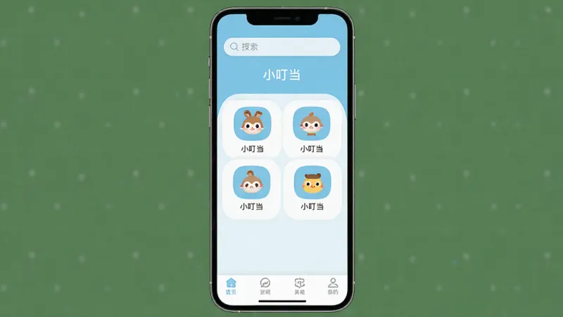 一张手机应用界面展示图,画面中央是“小叮当”APP的主界面,整体布局简洁清爽,顶部有搜索栏,中间排列着几个功能图标,底部是导航栏,整体色调以浅蓝色和白色为主,风格现代扁平,图标圆润可爱,画质干净清晰,无多余元素