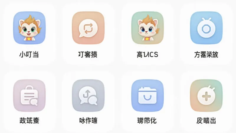 一张手机应用的功能展示图,画面中“小叮当”APP的多个功能卡片以网格形式排列,每个卡片代表一个实用小工具,图标风格统一为圆角矩形,配色柔和,整体画面干净整洁,无杂乱元素,画质清晰