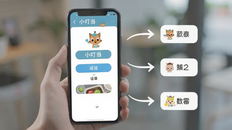 一张手机界面示意图,展示“小叮当”APP的操作流程,画面中一只手拿着手机,屏幕上显示功能选择界面,旁边有简单的箭头指示操作步骤,整体风格轻松活泼,背景虚化处理,突出手机屏幕内容,画质干净