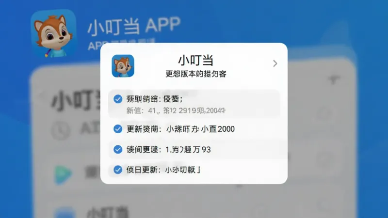 一张手机应用更新界面的截图风格图片,画面中“小叮当”APP显示版本更新提示框,更新内容以列表形式呈现,文字清晰可读,整体色调为蓝白搭配,风格简洁明快,无多余装饰元素,画质清晰