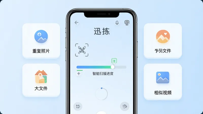迅拣软件主界面全貌展示,手机屏幕中央显示智能扫描进度条,周围环绕着「重复照片」「大文件」「相似视频」等分类卡片图标,背景是干净的浅蓝色渐变,整体风格清爽现代,画质清晰,无多余元素