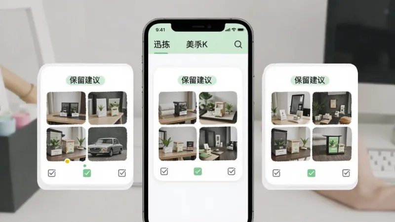 迅拣相似图片识别功能界面,手机屏幕显示三组相似照片对比卡片,每组上方标注「保留建议」,下方照片带有勾选框,界面以白色和浅绿色为主,布局清晰,风格简洁,画质干净