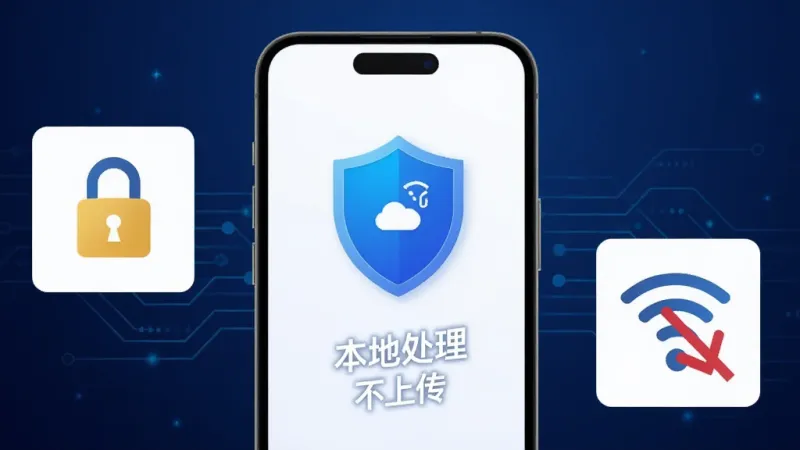 迅拣隐私保护功能示意图,手机屏幕显示盾牌图标和「本地处理 不上传」文字,周围有锁头和WiFi关闭的图标,背景为深蓝色科技感渐变,风格简洁安全,画质清晰
