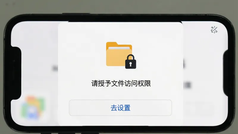 迅拣权限设置引导界面,手机屏幕显示「请授予文件访问权限」提示,下方有「去设置」按钮,背景为白色,配有一个文件夹和锁头的图标,风格简洁明了,画质清晰